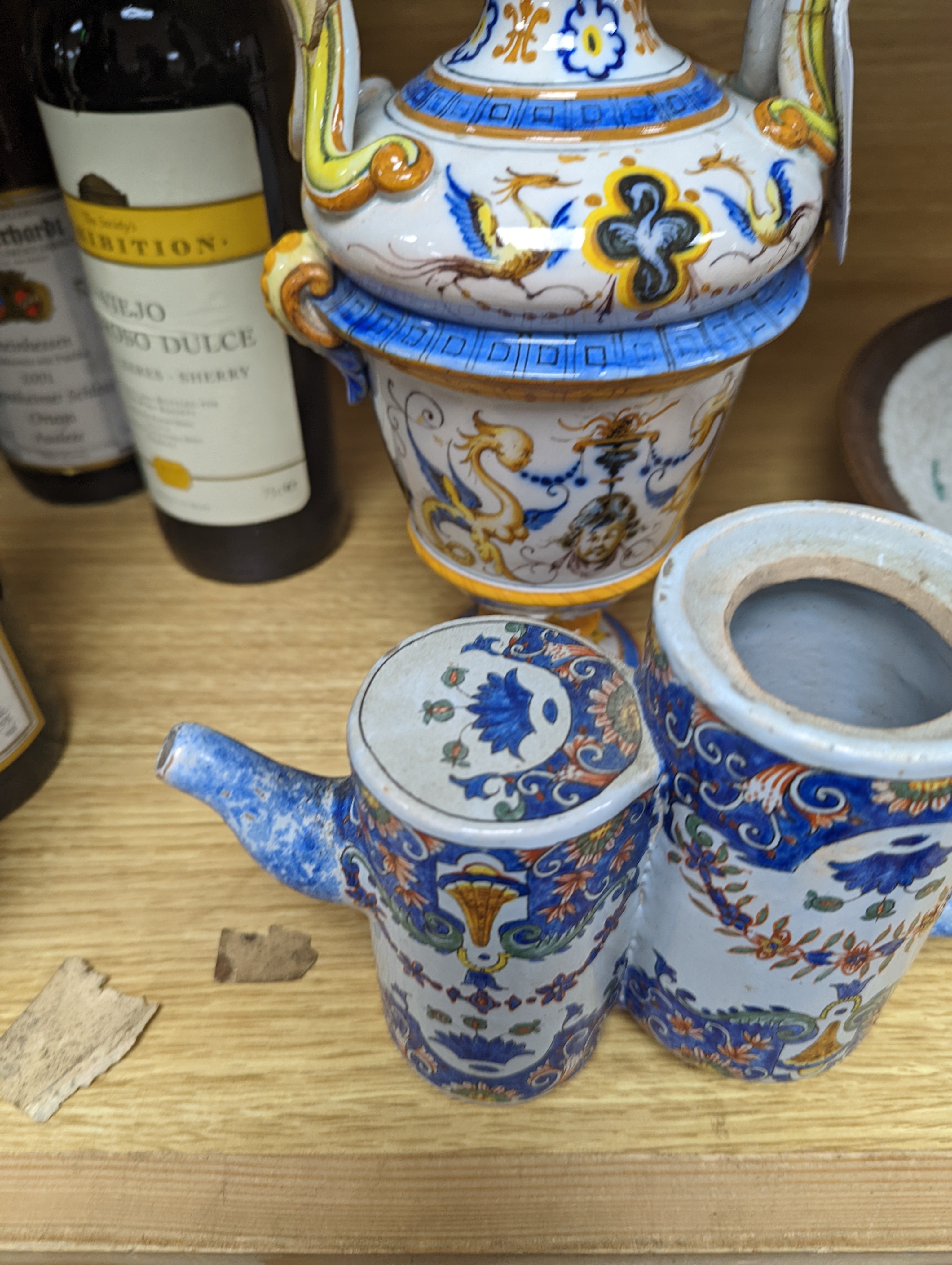 A Ginori maiolica two handled vase and Delft polychrome double cylinder teapot 27cm